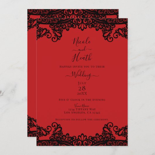 Invitation Mariage élégant en dentelle rouge et noire (Devant / Derrière)