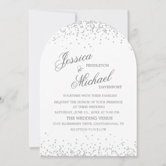 Invitation Mariage élégant en écriture script argenté blanc (Devant)