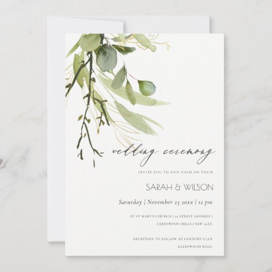 Invitation Mariage ELEGANT EN FEAFE VERT FOLIAGE EAU COULEUR (Devant)