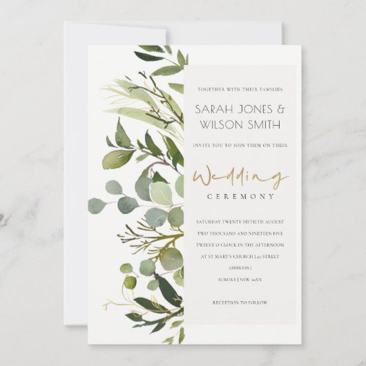 Invitation Mariage ELEGANT EN FEAFE VERT FOLIAGE EAU COULEUR (Devant)