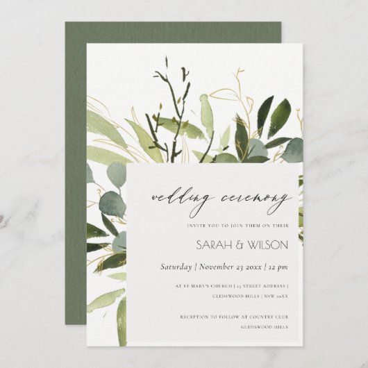 Invitation Mariage ELEGANT EN FEAFE VERT FOLIAGE EAU COULEUR  (Devant / Derrière)