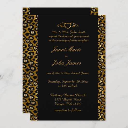 Invitation Mariage élégant en léopard d'or et noir (Devant / Derrière)