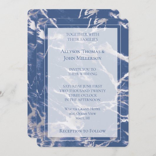 Invitation Mariage élégant en marbre d'argent bleu (Devant / Derrière)