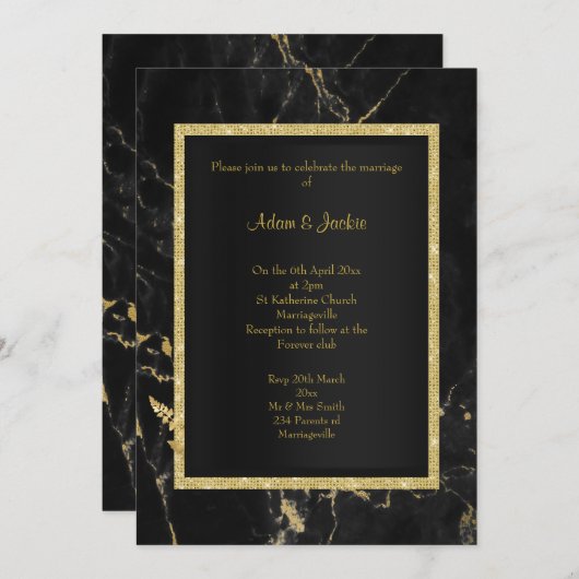 Invitation MARIAGE ÉLÉGANT EN MARBRE D'Or Noir (Devant / Derrière)