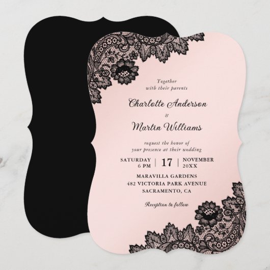 Invitation Mariage élégant en noir et rose avec dentelle flor (Devant / Derrière)