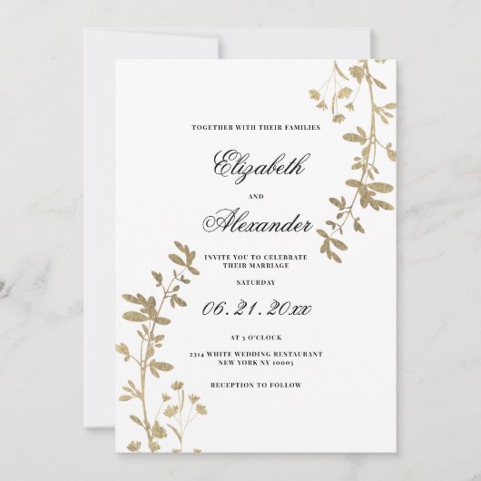 Invitation Mariage élégant en or blanc et fleurs de luxe (Devant)
