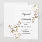 Invitation Mariage élégant en or blanc et fleurs de luxe (Devant / Derrière)