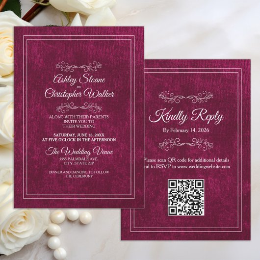 Invitation Mariage élégant en velours bordeaux avec QR code b