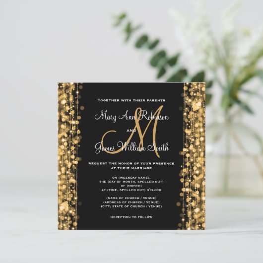 Invitation Mariage Élégant Enregistrez La Date Paillettes Or (Debout devant)