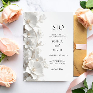 Invitation Mariage élégant et luxueux avec fleurs blanches 3D