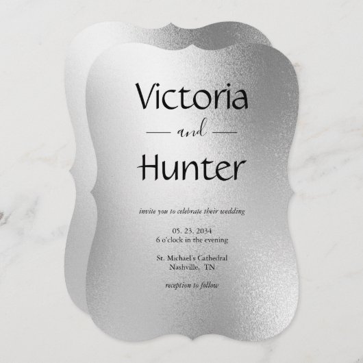 Invitation Mariage élégant et moderne en métal argenté (Devant / Derrière)