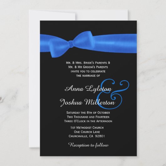 Invitation Mariage élégant et noir ROYAL BLUE Faux Satin Bow (Devant)