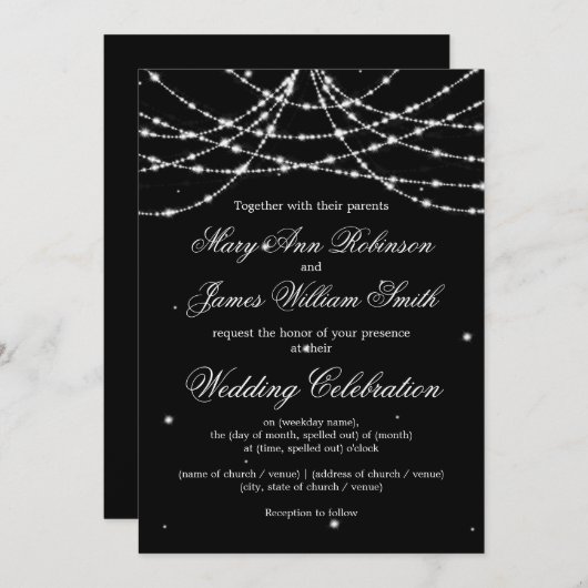 Invitation Mariage Élégant Étincelant Noir (Devant / Derrière)
