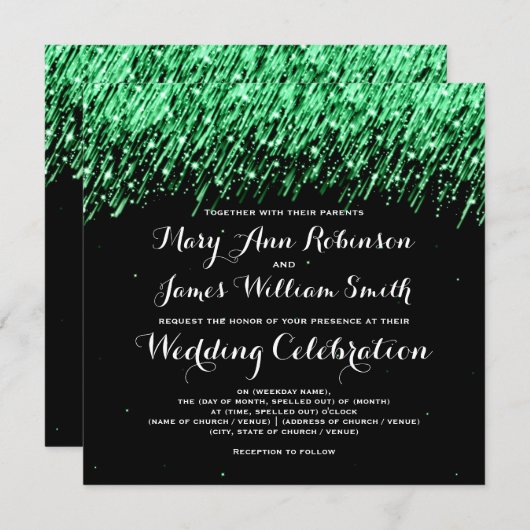 Invitation Mariage élégant Étoiles Filantes "Vert Émeraude" (Devant / Derrière)