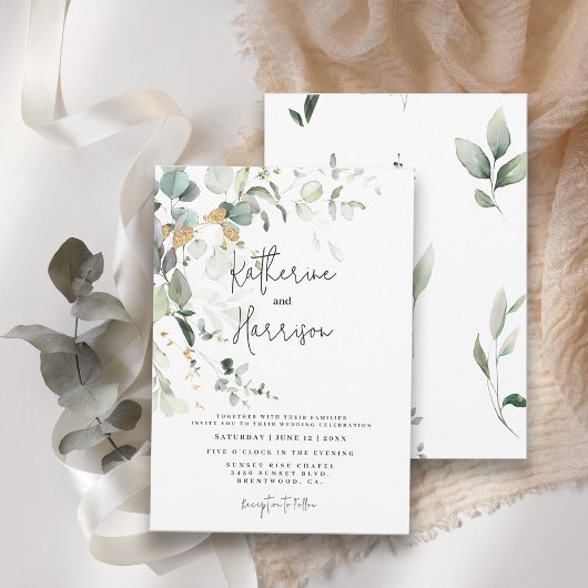 Invitation Mariage Élégant Eucalyptus et Feuillage Doré