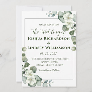 Invitation Mariage Élégant Eucalyptus et Fleur Blanche
