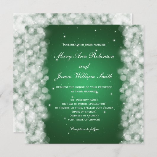 Invitation Mariage élégant Fête Étincelle Vert émeraude (Devant / Derrière)