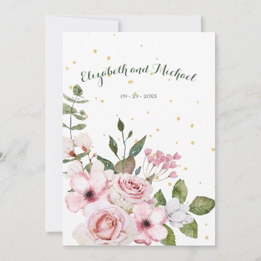 Invitation Mariage Élégant Feuillage Floral Vert rose (Dos)