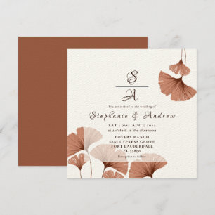 Invitation Mariage Élégant Feuillage Ginkgo Terracotta