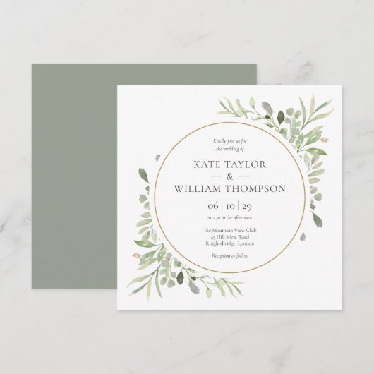 Invitation Mariage Élégant Feuillage Vert (Devant / Derrière)
