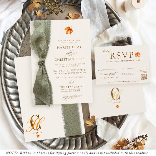 Invitation Mariage Élégant Feuilles d'Automne Ruban Rustique