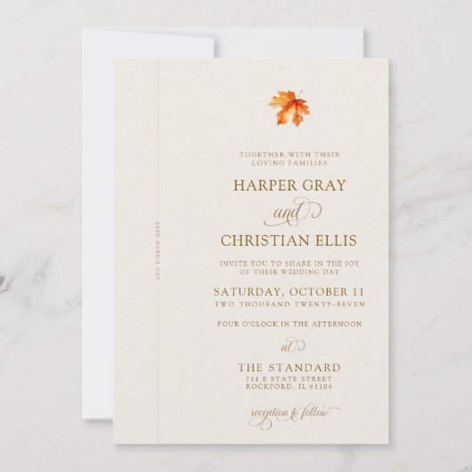 Invitation Mariage Élégant Feuilles d'Automne Ruban Rustique (Devant)