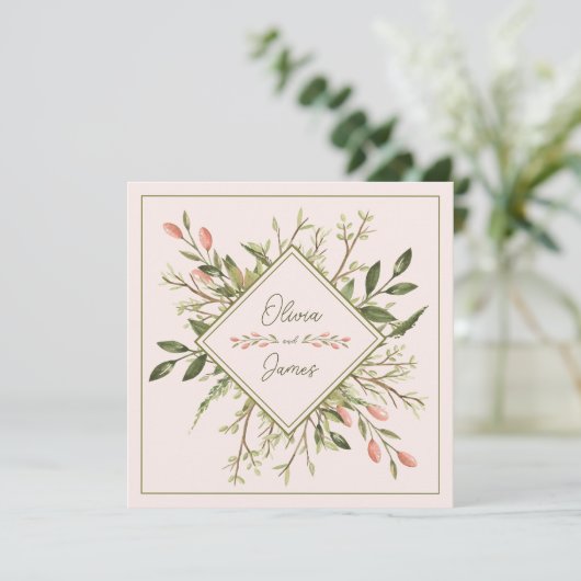 Invitation Mariage Élégant Feuilles de forêt rose douce (Debout devant)