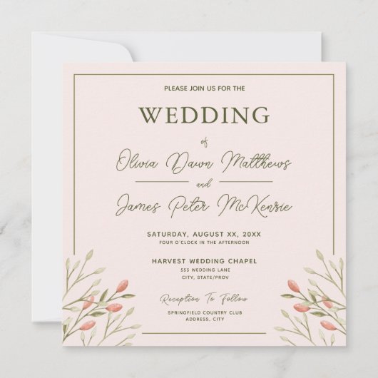 Invitation Mariage Élégant Feuilles de forêt rose douce (Dos)