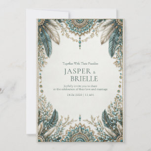 Invitation Mariage Élégant Filigrane Orné de Plume de Teal