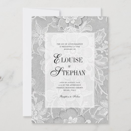 Invitation Mariage Élégant Fleur Blanc Dentelle (Devant)