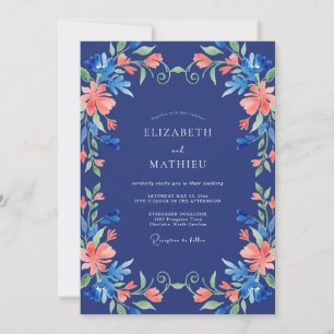 Invitation Mariage Élégant Fleur Bleu de Nuit