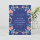 Invitation Mariage Élégant Fleur Bleu de Nuit (Debout devant)
