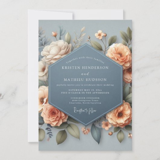 Invitation Mariage Élégant Fleur Bleue Ardoise (Devant)