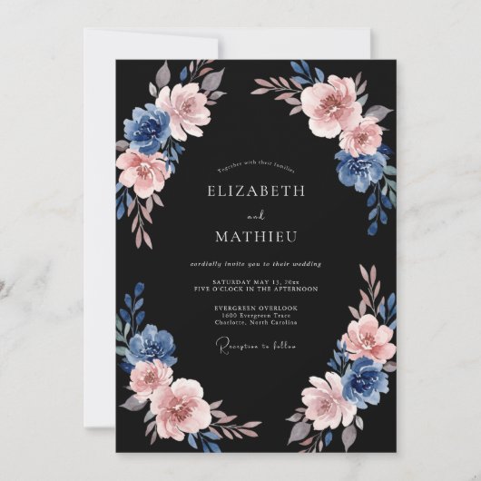 Invitation Mariage Élégant Fleur Bleue Rose (Devant)