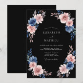 Invitation Mariage Élégant Fleur Bleue Rose (Devant / Derrière)