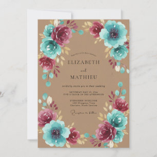 Invitation Mariage Élégant Fleur d'Aqua et Prune