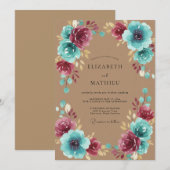 Invitation Mariage Élégant Fleur d'Aqua et Prune (Devant / Derrière)