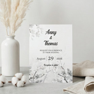Invitation Mariage Élégant Fleur de Cerisier Blanc & Argent