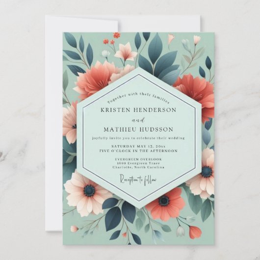Invitation Mariage Élégant Fleur de Corail Sage (Devant)