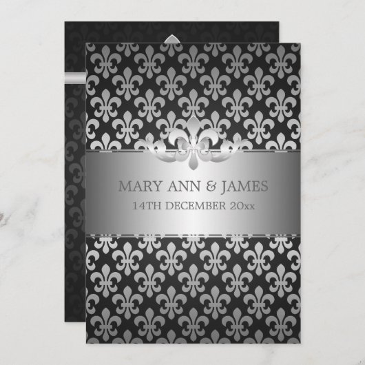Invitation Mariage élégant Fleur De Lis Noir (Devant / Derrière)