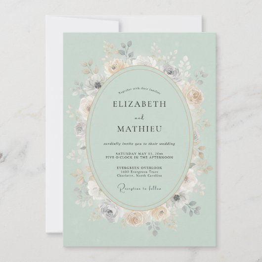 Invitation Mariage Élégant Fleur de Menthe Verte (Devant)