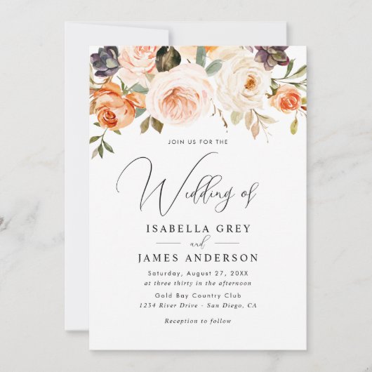 Invitation Mariage Élégant Fleur de Pêche Orange Feuillage  (Devant)