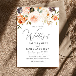 Invitation Mariage Élégant Fleur de Pêche Orange Feuillage