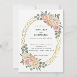 Invitation Mariage Élégant Fleur de Pêche & Treillis Doré Ova