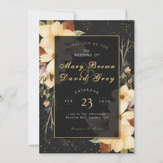 Invitation Mariage Élégant Fleur Dorée (Devant)