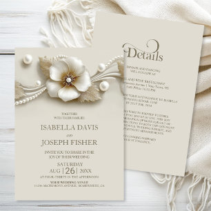 Invitation Mariage Élégant Fleur et Perles Tout en Un