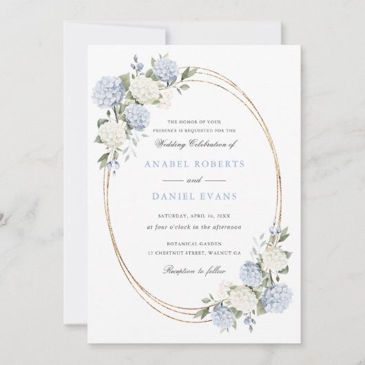 Invitation Mariage Élégant Fleur Hydrangea Bleu Verdure (Devant)