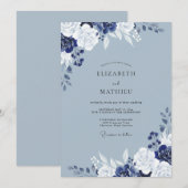 Invitation Mariage Élégant Fleur Indigo Ardoise (Devant / Derrière)