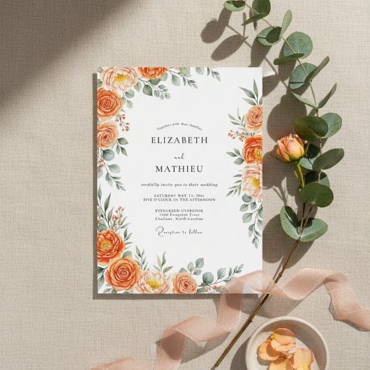 Invitation Mariage Élégant Fleur Orange