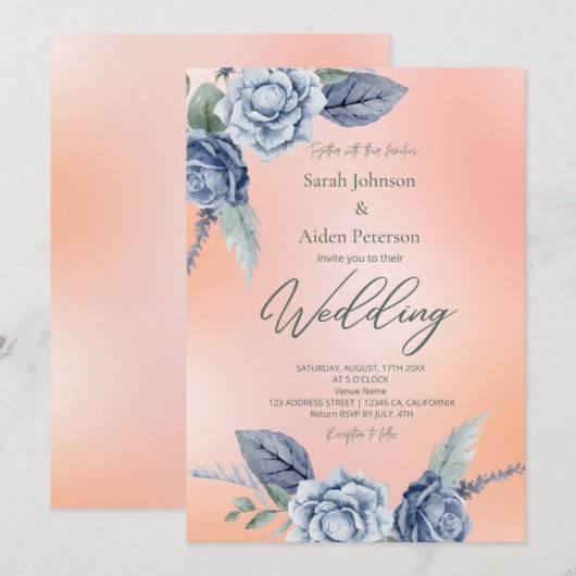 Invitation Mariage Élégant Fleur Peach et Bleu Poussiéreux (Devant / Derrière)